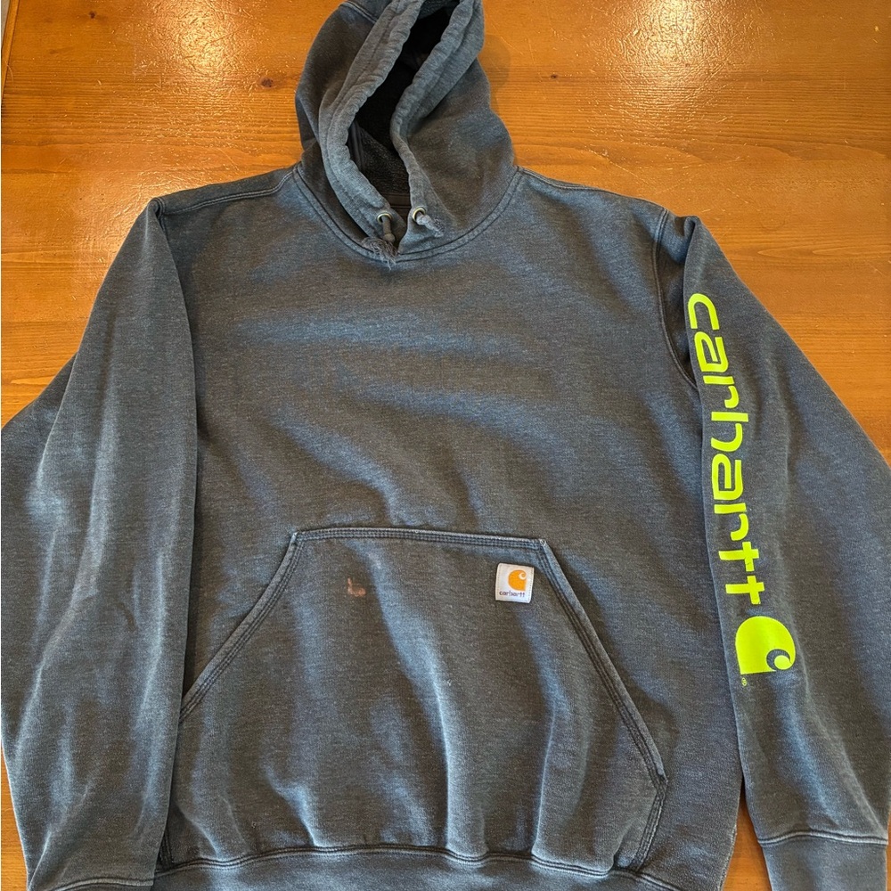 Carhartt Men's Dark Gray Hoodie with Neon Green Logo